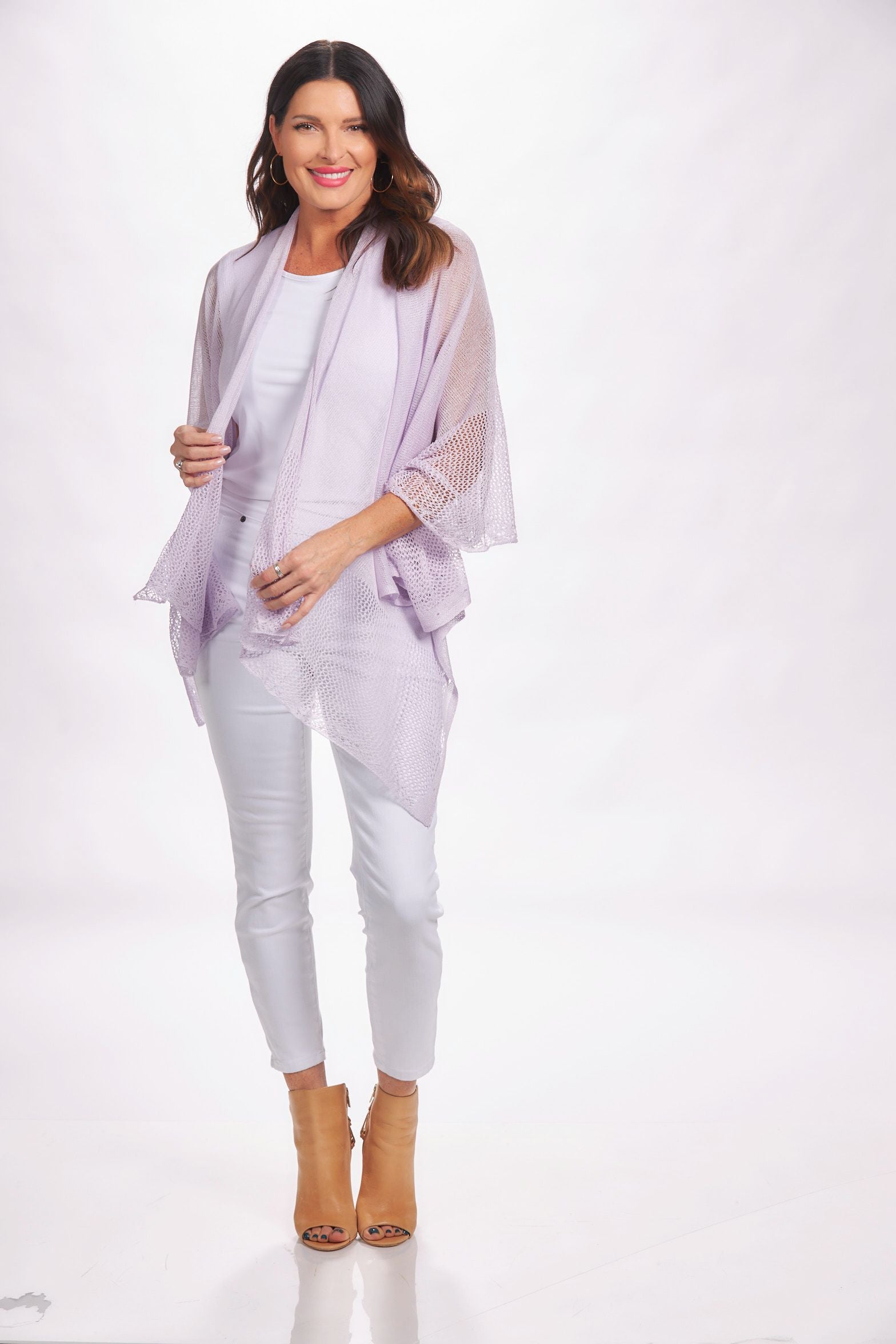 Front image of lavender lightweight knit ruana. The magic scarf company shawl.