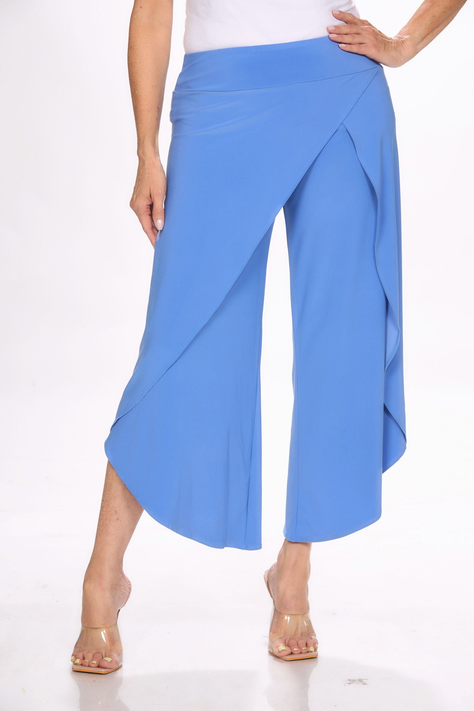 Front image of Picadilly pull on light blue wrap pant.