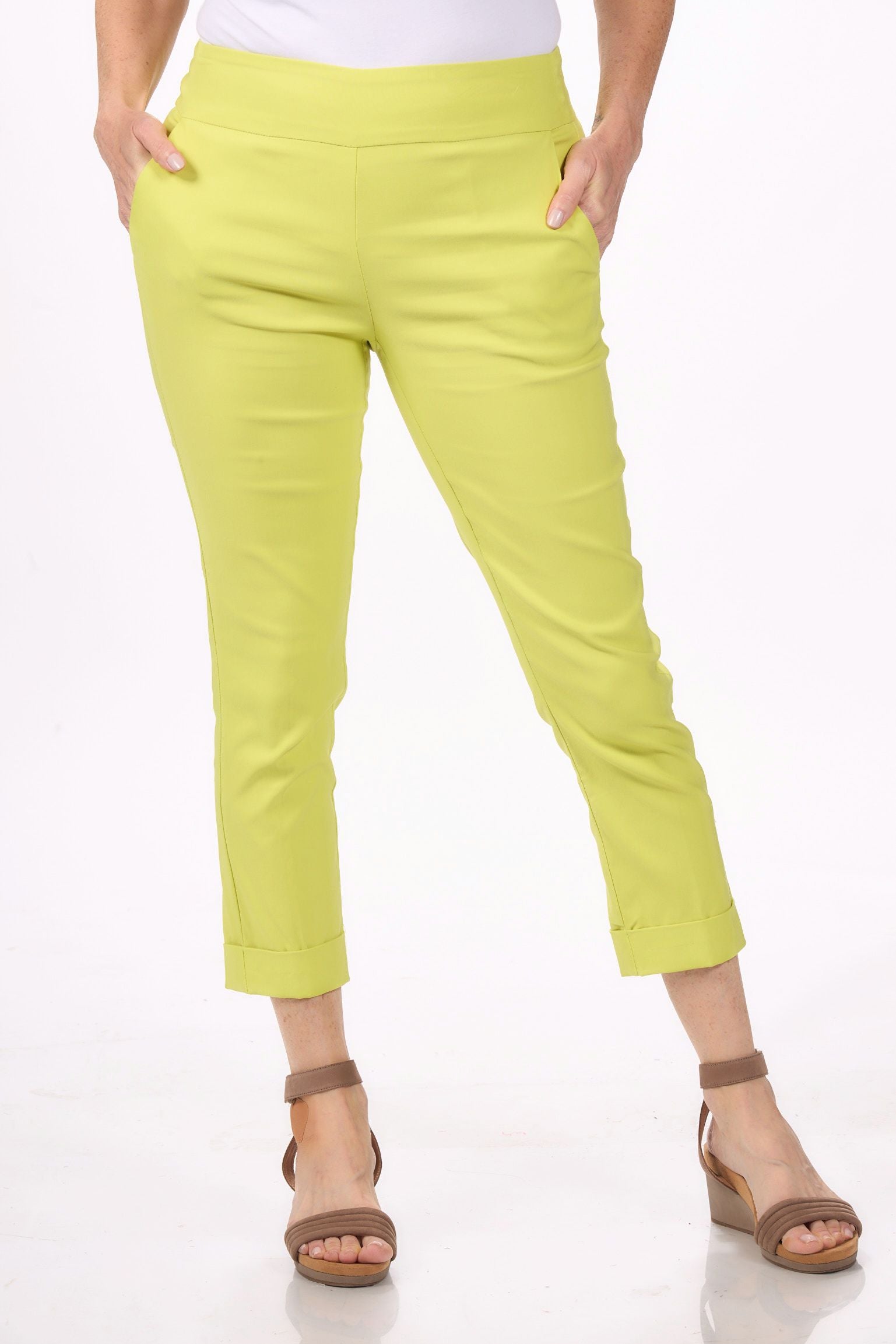 Front image of Tribal pull on limeade capri bottom.