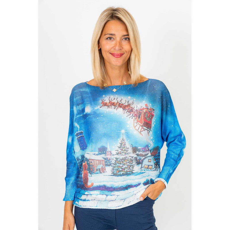 Front image of look mode sleigh blue sweater.