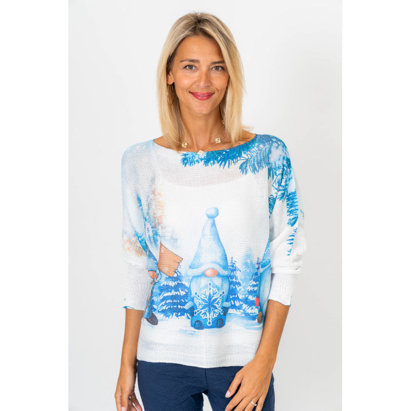 Front image of Gnome printed sweater.