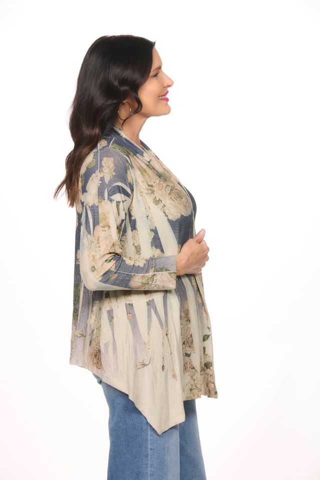 Side image of open front printed cardigan.