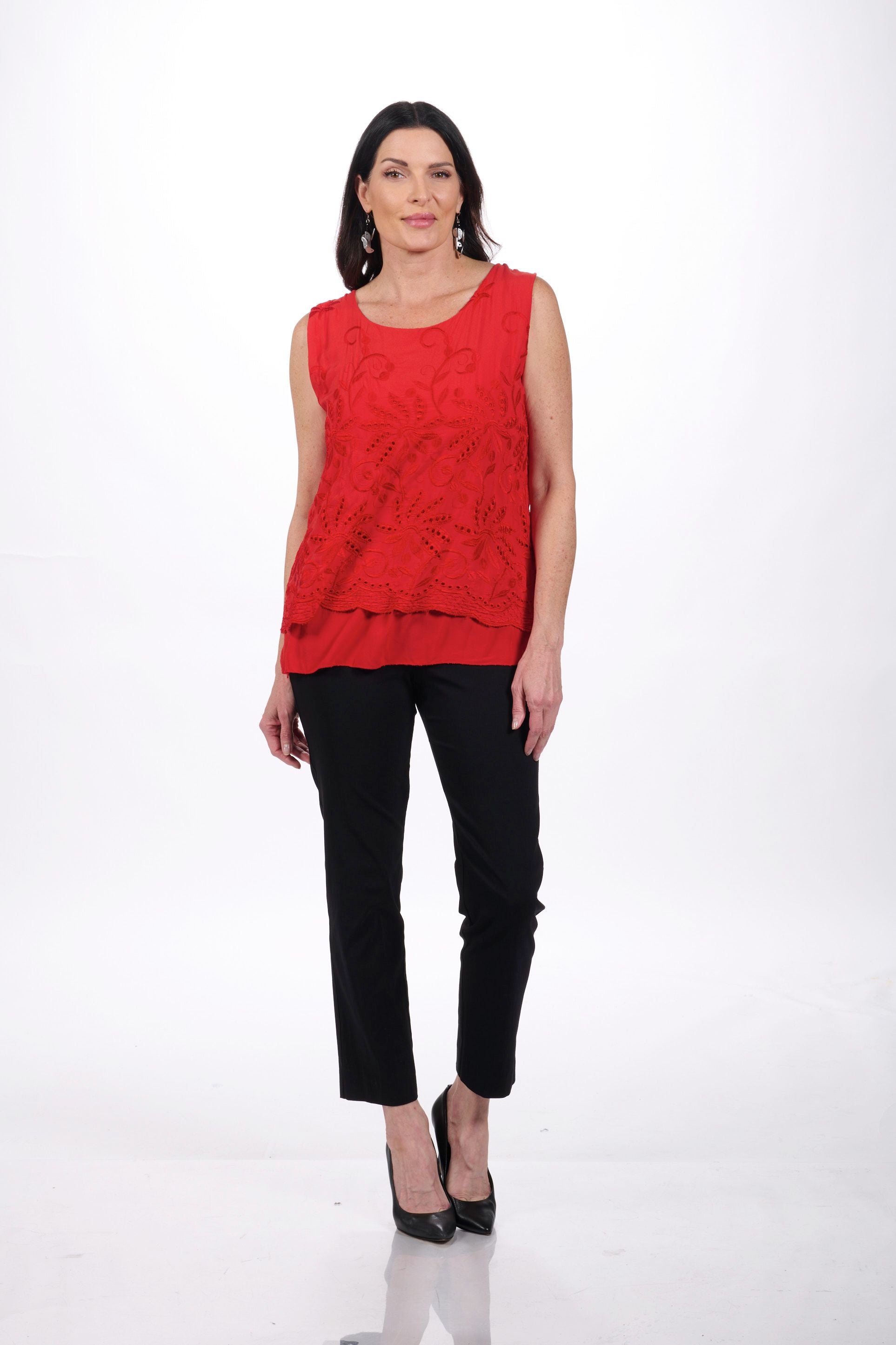 Front image of red eyelet tank made in italy.