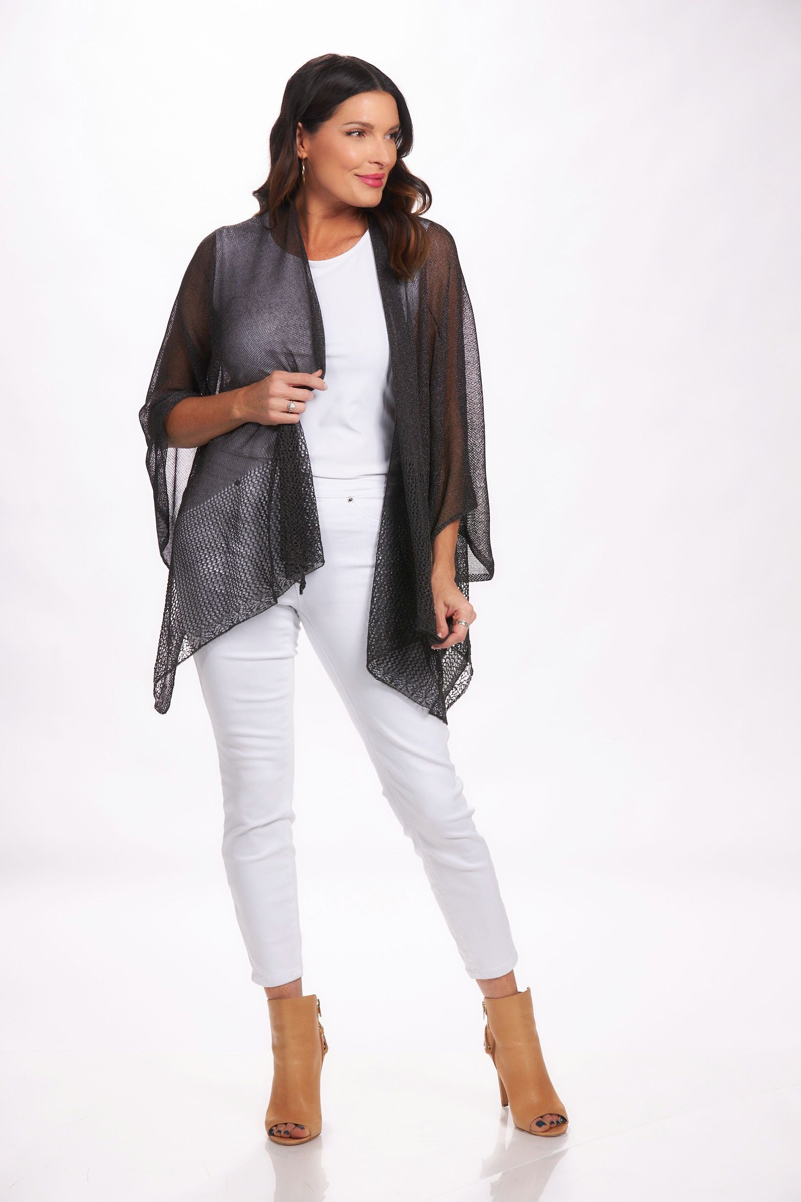 Front image of black lightweight knit ruana shawl. Black layering shawl.