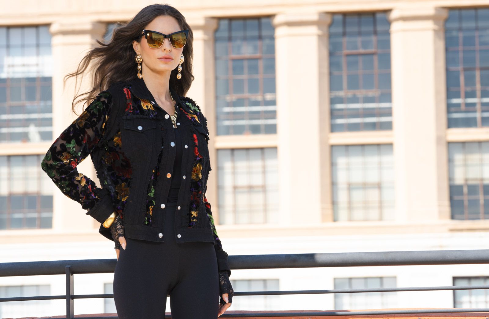 Front image of Adore denim jacket with velvet multi printed burnout detail.