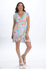 Front image of AnaClare cap sleeve wrap dress. Multi moana print dress. 