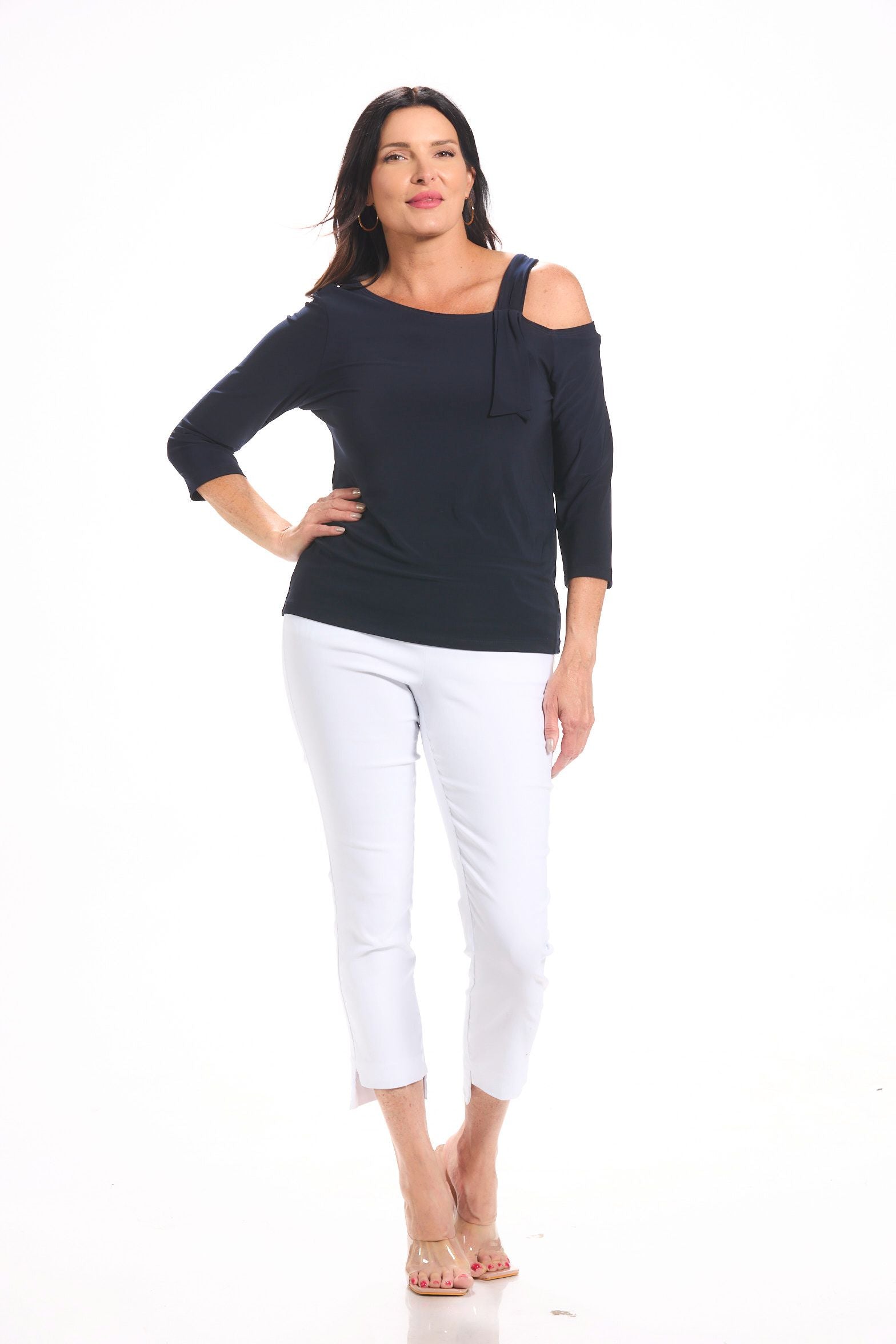 Front image of Picadilly one shoulder top in navy.