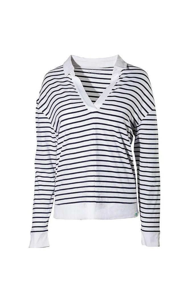 Front image of Coolibar fountainbleau polo. Navy and white striped top.