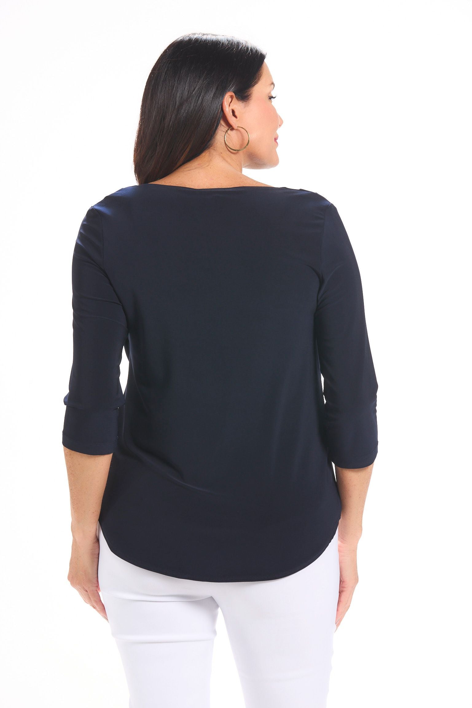 Back image of Picadilly destination collection solid navy cowl neck top.