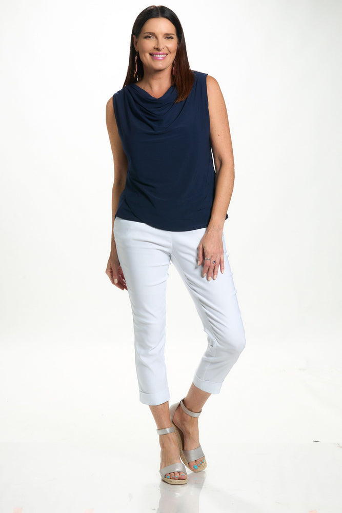 Front image of mimozza cowl neck tank top in navy. 