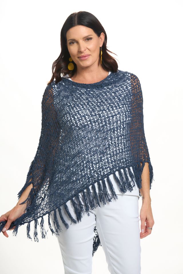 Front image of lost river navy popcorn poncho with fringe.
