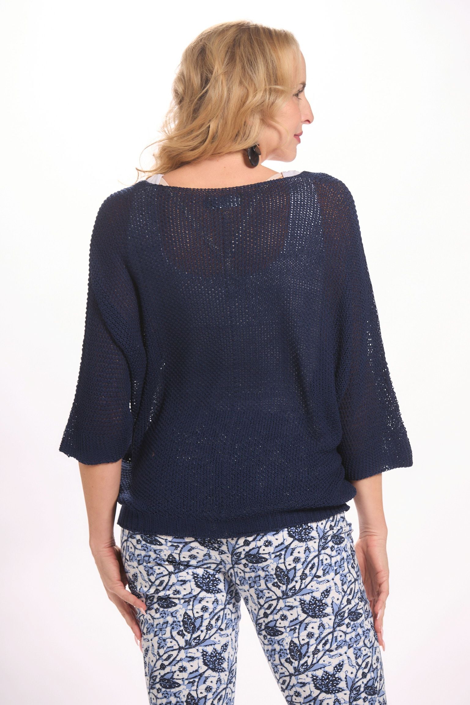 Back image of v-neck open sweater. Made in italy perfect sweater.