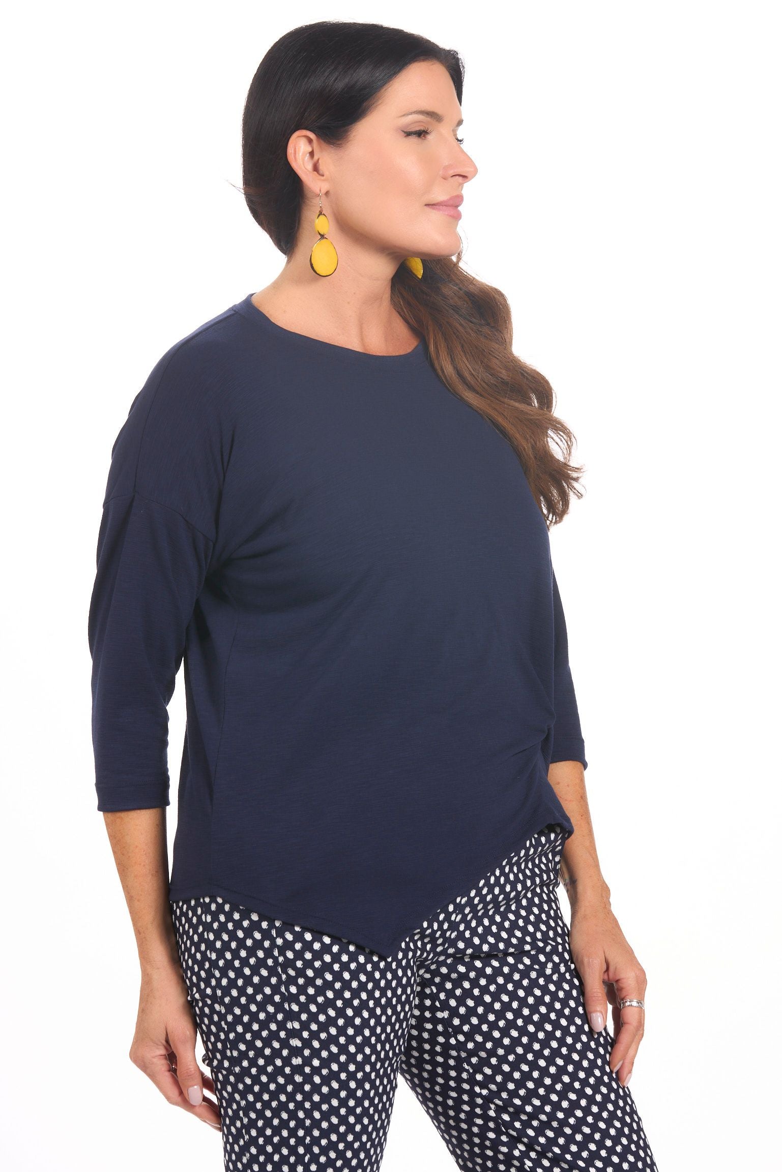 Side image of navy knot top by nally &millie.