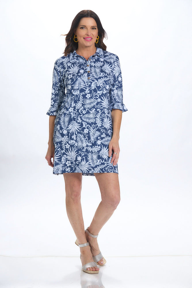 Front image of Anaclare navy and white printed Marin dress. 