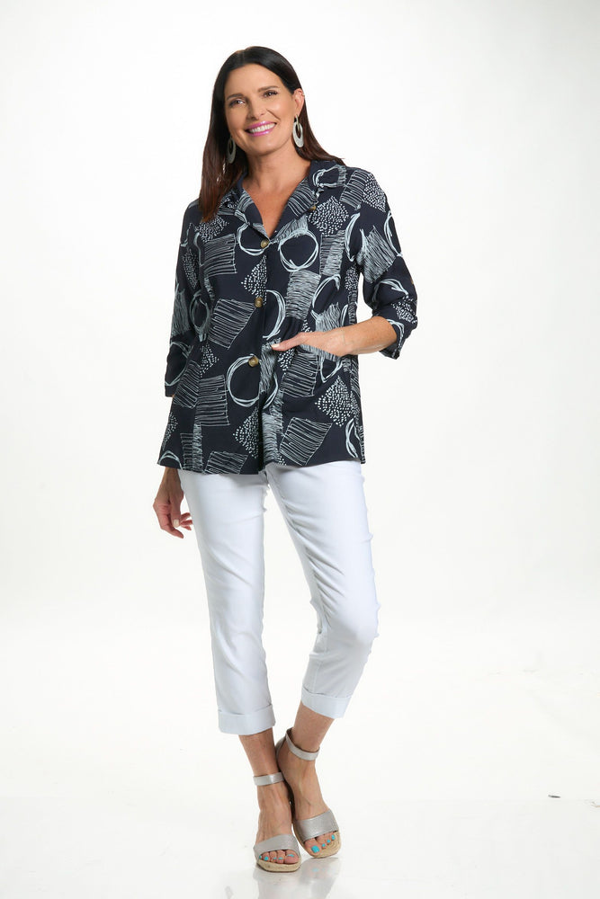 Front image of Fashion Cage navy printed wire collar top. 