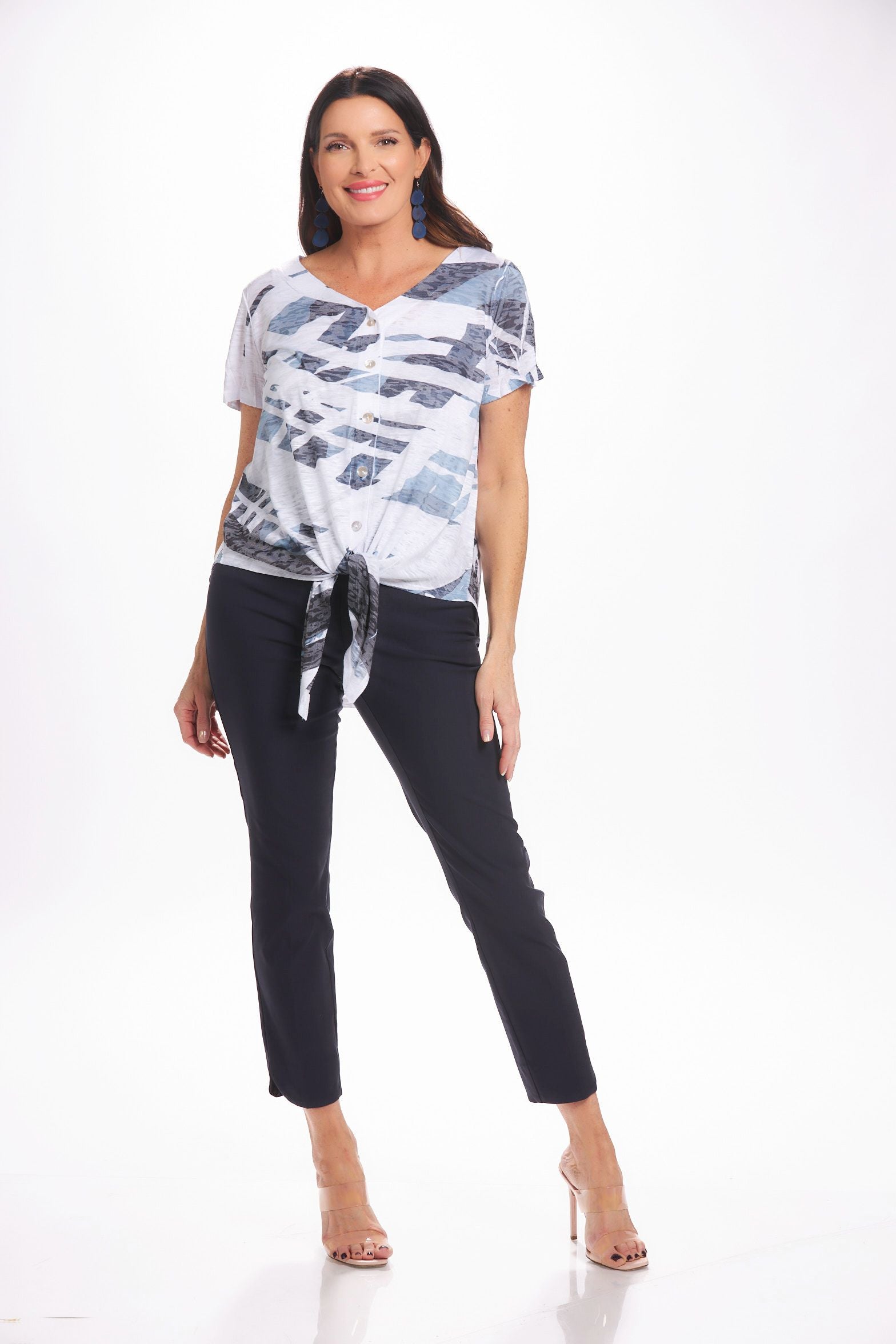 Front image of navy Petal Leg Ankle Pants. Pull on basic pants.