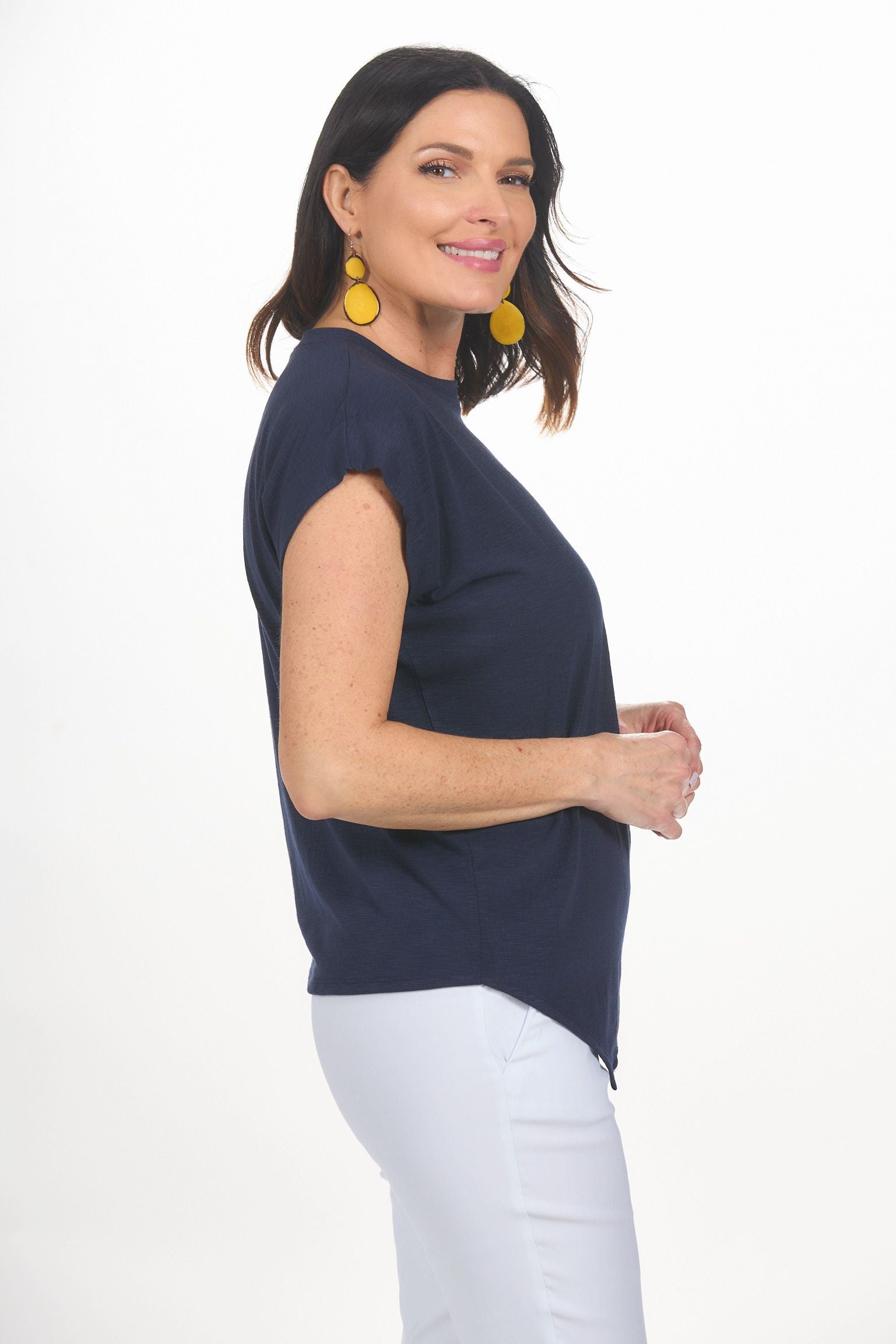 Side image of Nallie & Millie short sleeve knot front top.