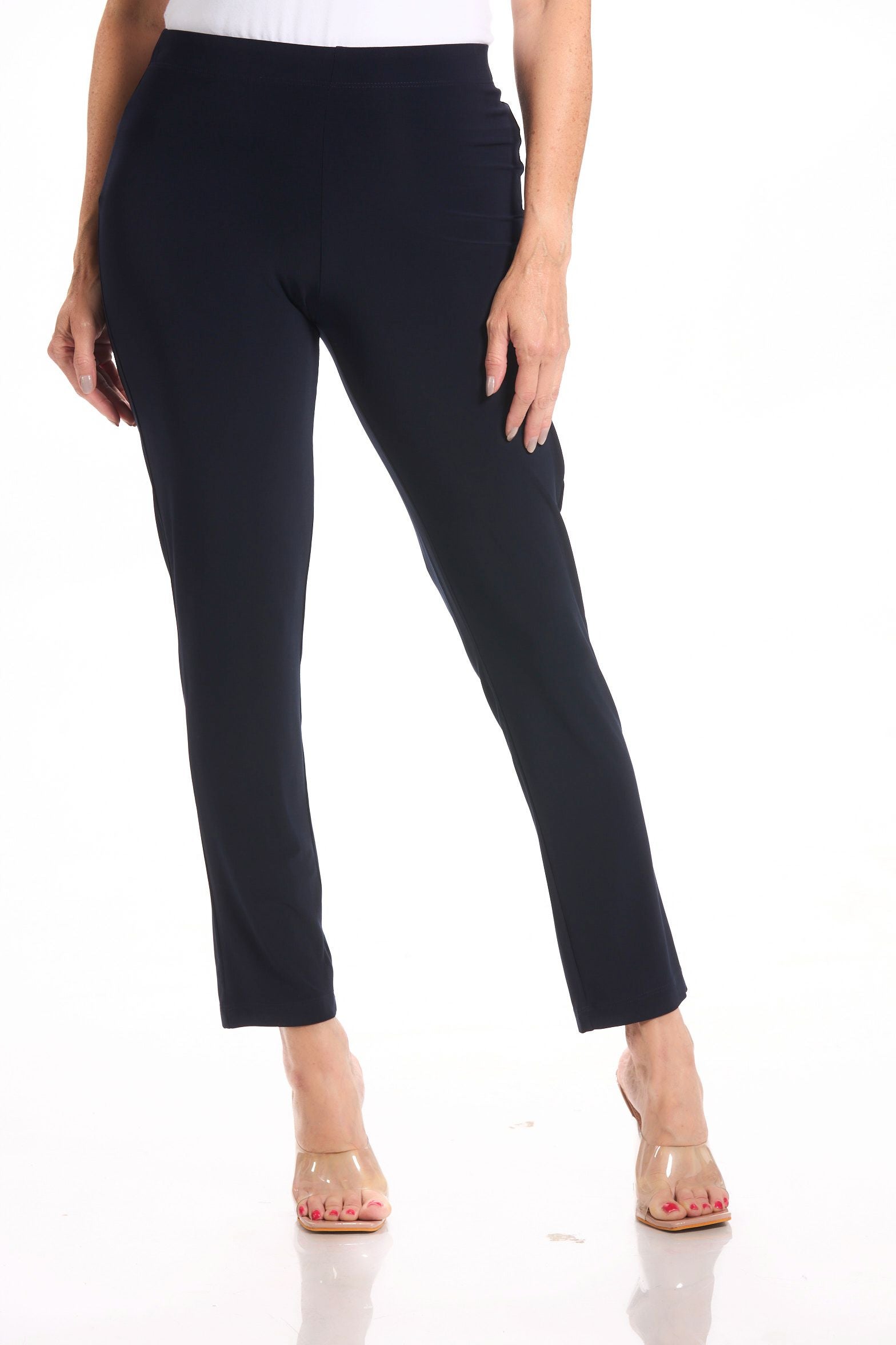 Front image of navy pull on straight leg pant.