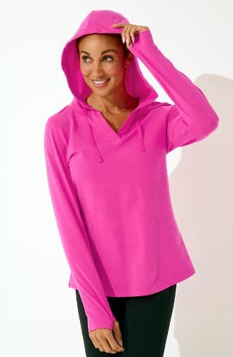 Front image of Coolibar catalina hoodie tunic top. Pink long sleeve top. 