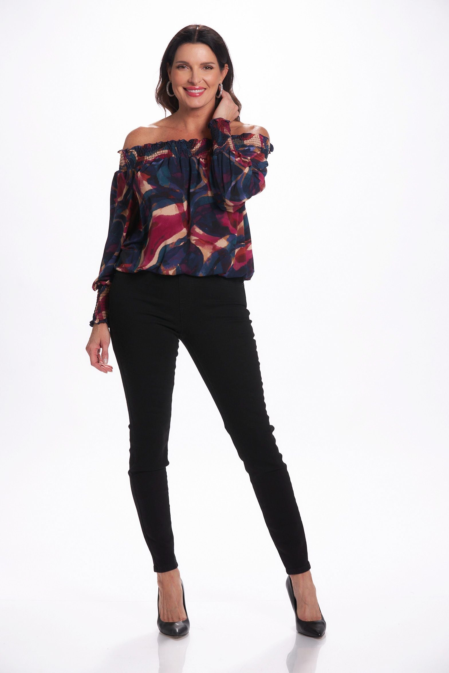 Front image of Last Tango navy multi off the shoulder top. Date night out top.
