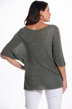 Back image of gigi moda olive green shimmer top. Made in Italy green shimmer top. 