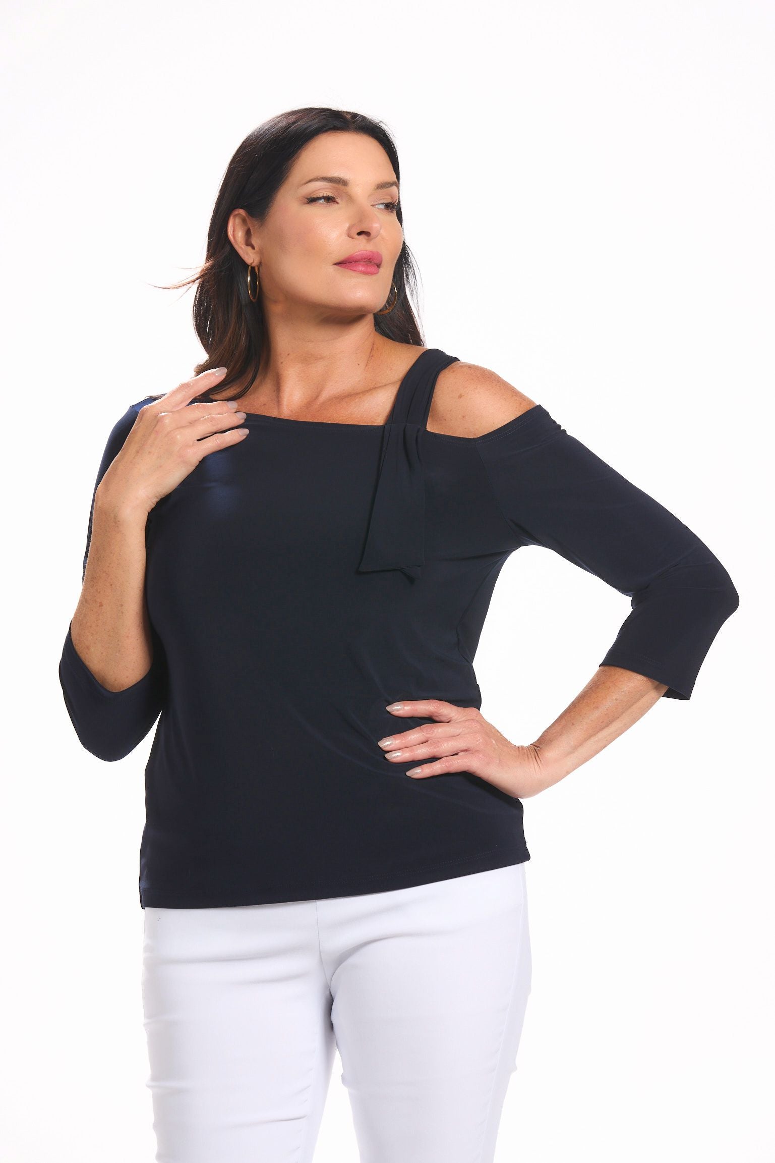 Front image of Picadilly one shoulder top in navy.