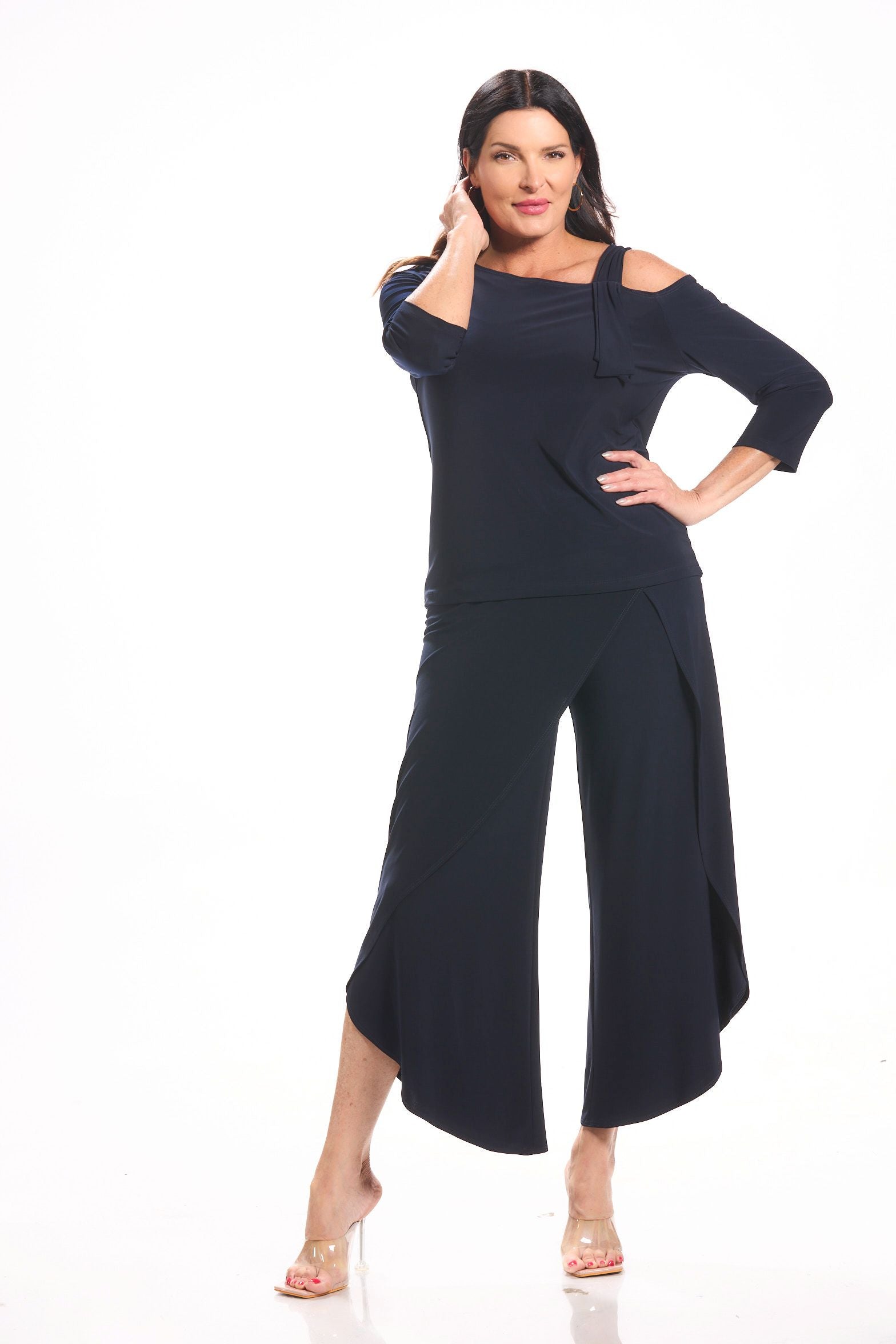 Front image of Picadilly one shoulder top in navy.