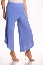 Side image of periwinkle wrap pants. Pull on pants by Mimozza. 
