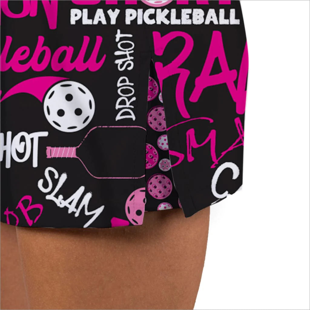 Front image of Skort Obsession pickleball slam pink skort. Pull on black and pink skort.