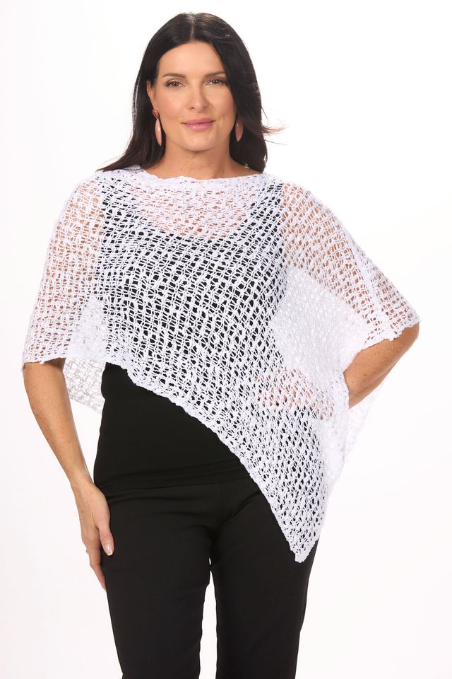 Front image of white popcorn poncho by lost river.