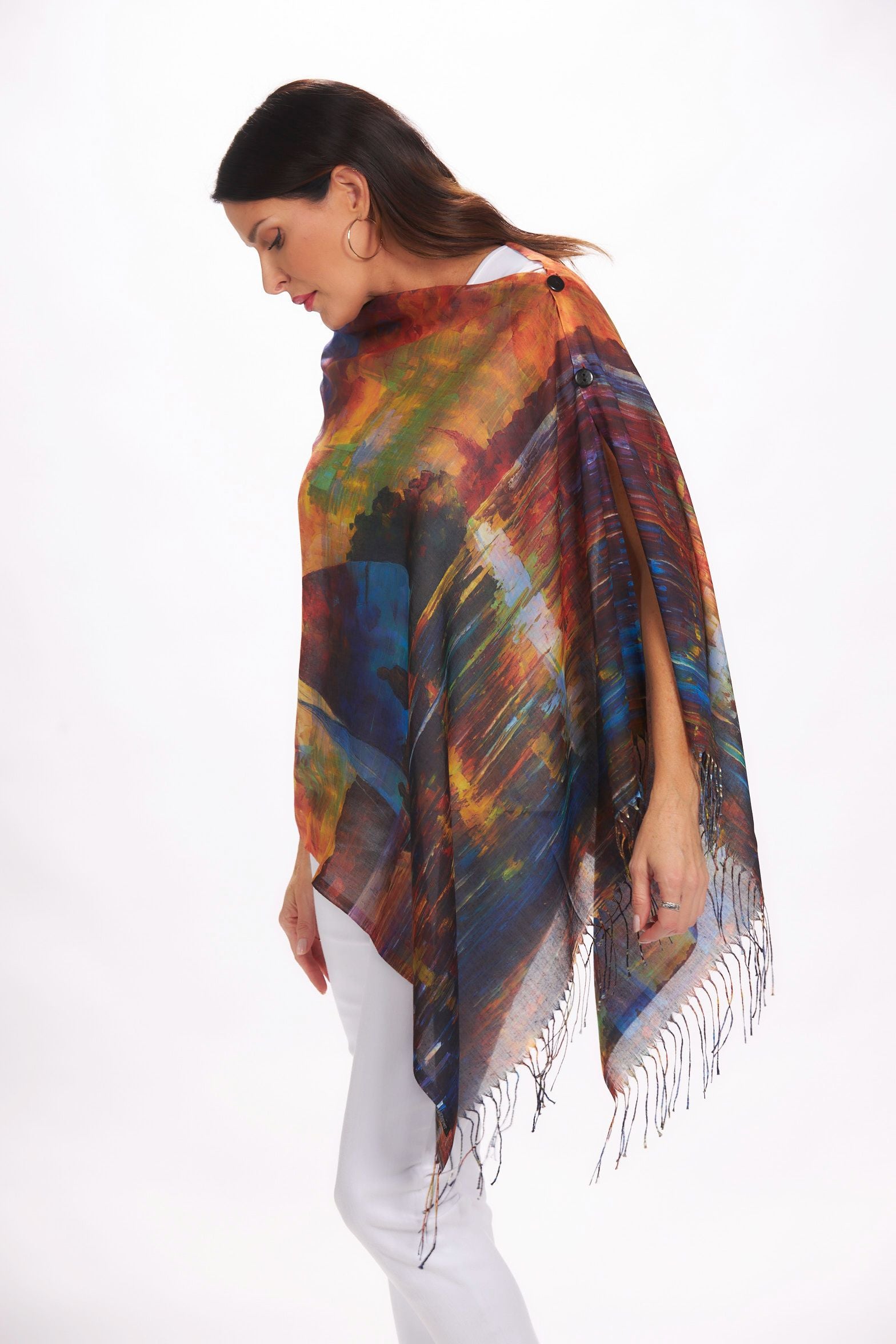 Side image of art design wrap. Sailboat printed shawl.