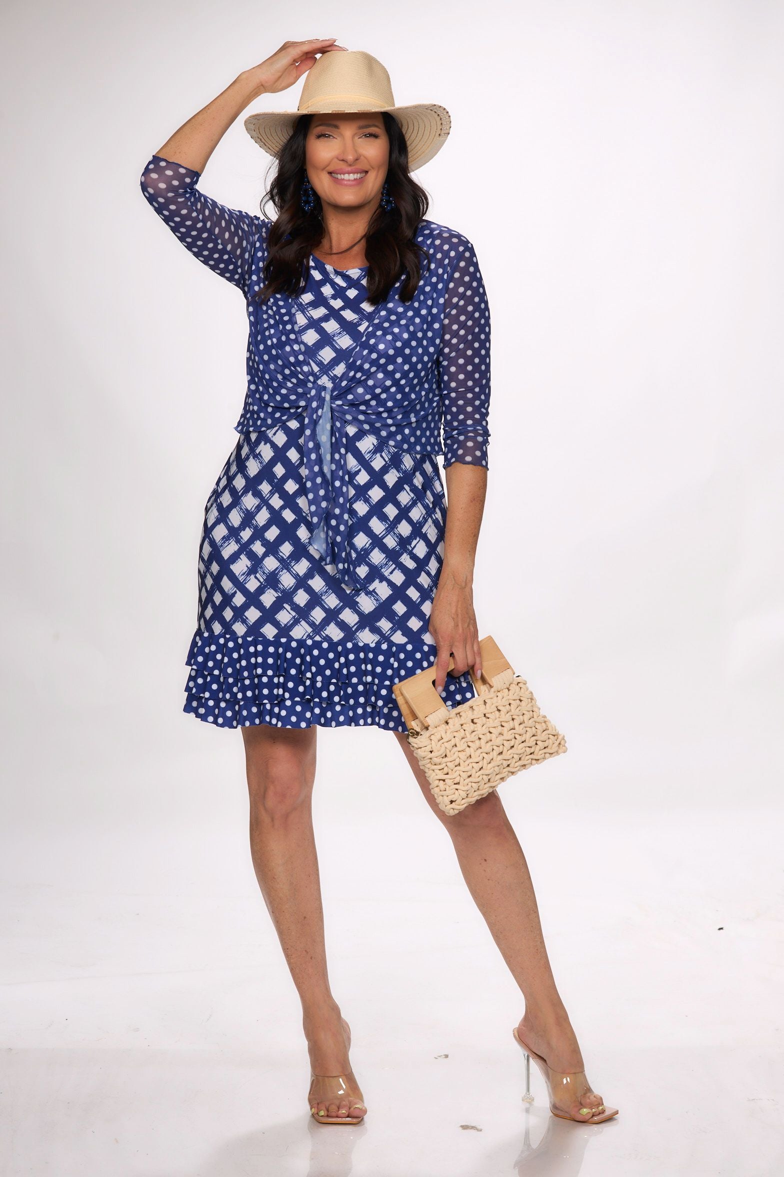 Front image of navy and white printed sleeveless dress.