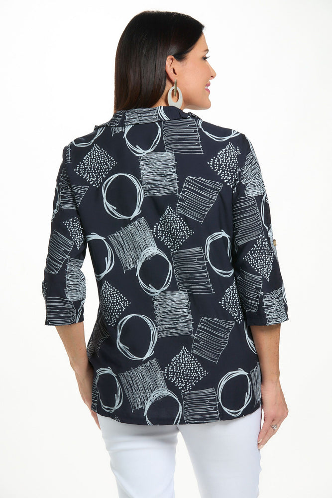 Back image of Fashion Cage navy printed wire collar top. 
