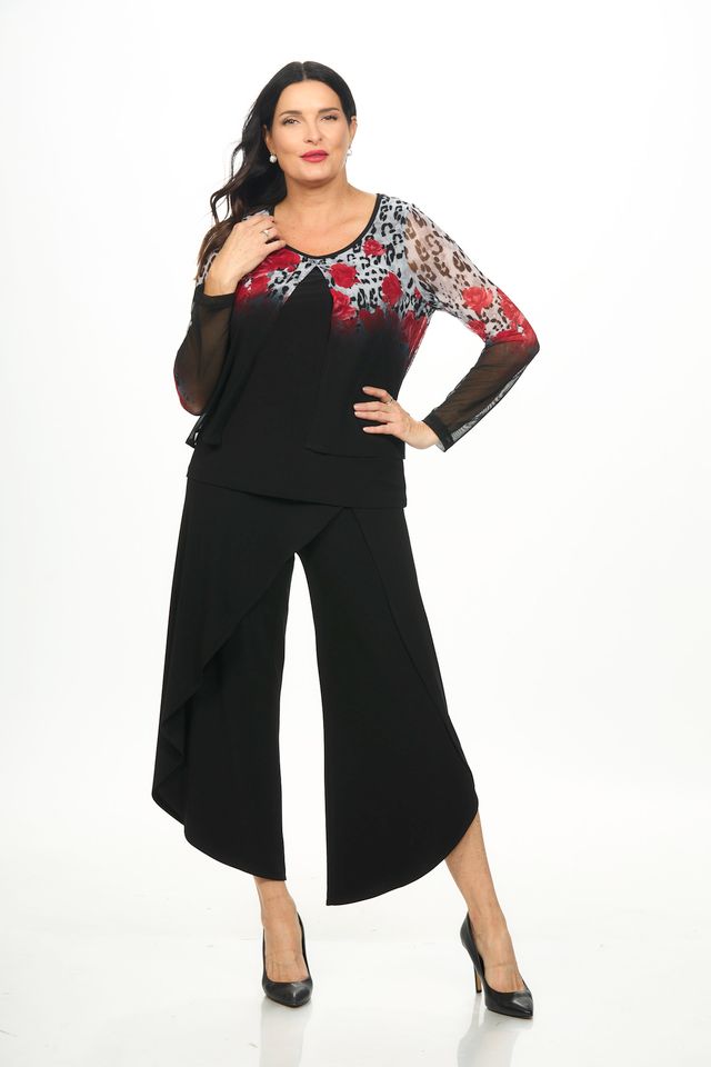 Front image of Picadilly rose printed long sleeve double layer top.