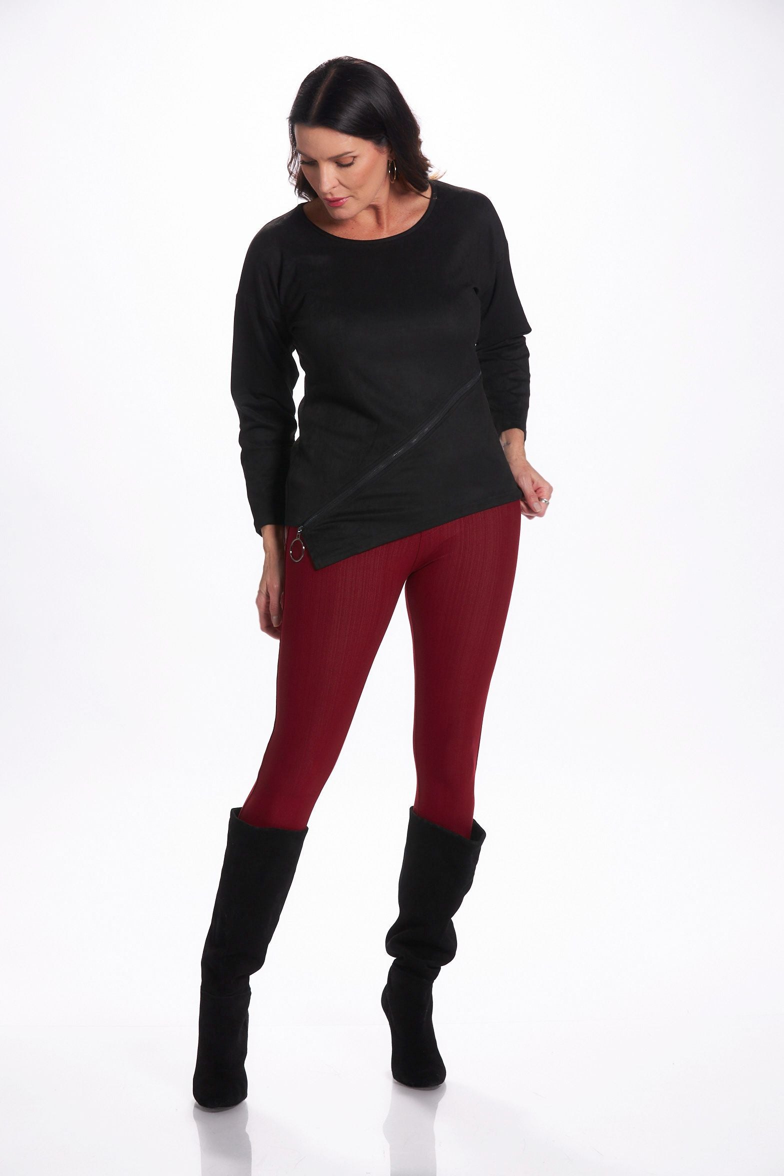 Front image of burgundy ankle denim leggings. Denim pull on leggings.