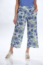 Front image of blue flowers printed gaucho pant. 