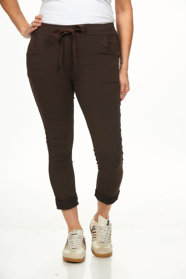 Front image of brown joggers made in italy.
