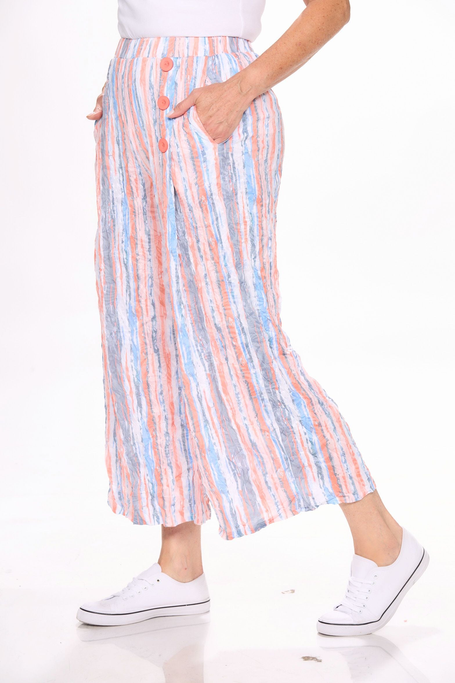 Side image of shana pull on striped wide leg pant.