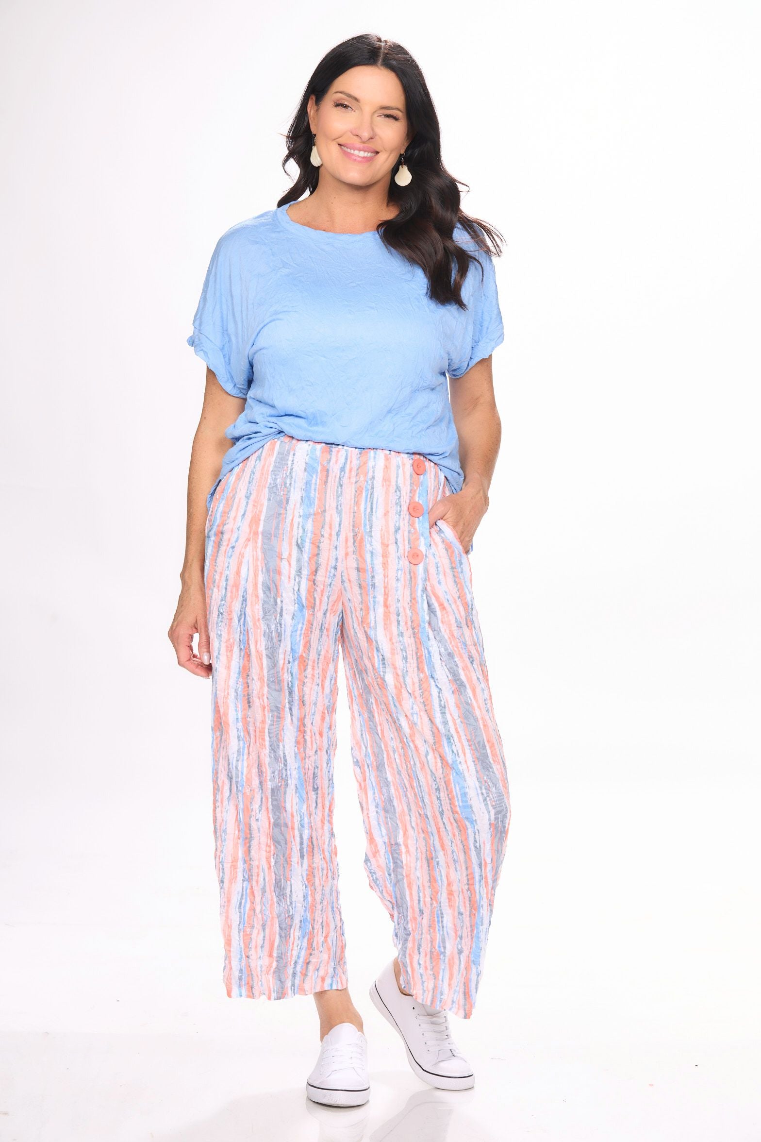 Front image of shana pull on striped wide leg pant.