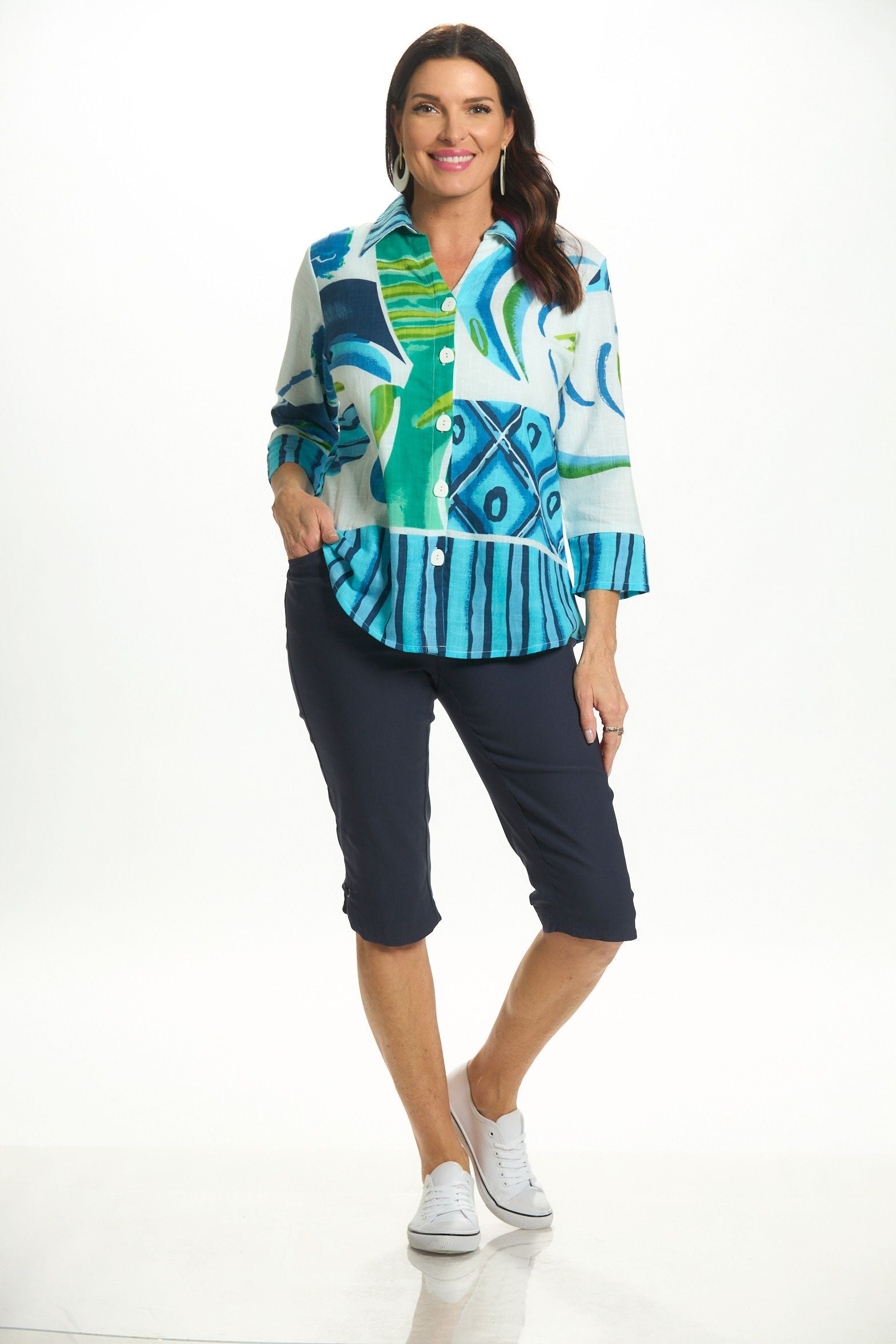 Front image of Tribal deep blue pull on skimmer with tulip hem.