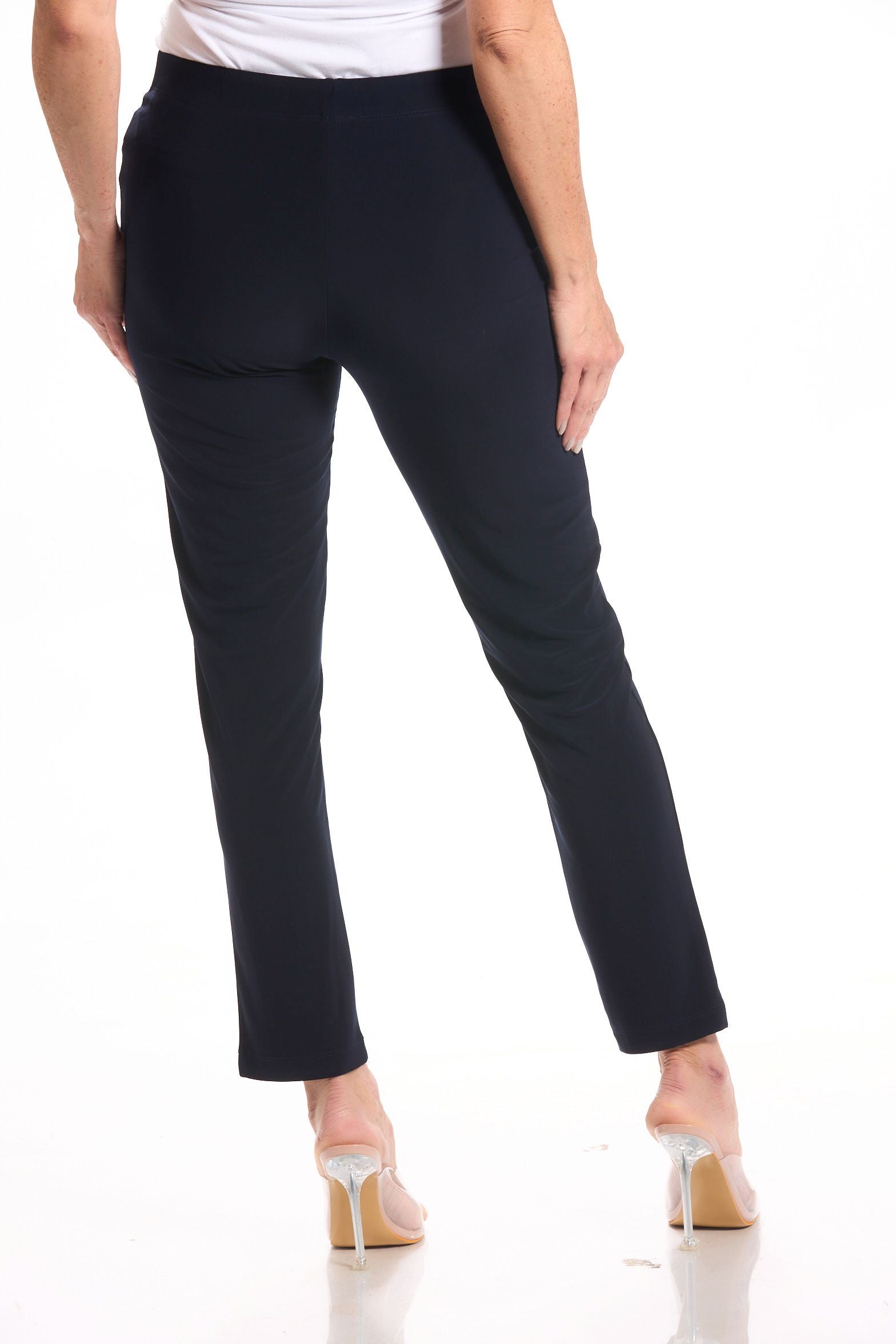 Back image of navy pull on straight leg pant.
