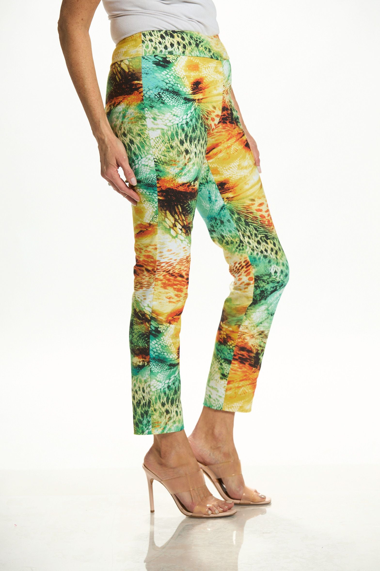 Side image of Krazy Larry pull on peacock pants.