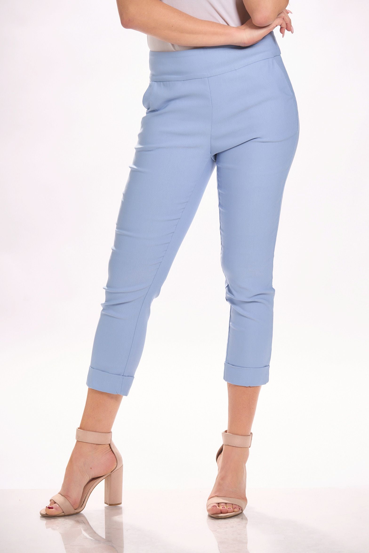 Front image of Tribal pull on capri in powder blue. Rolled hem capri bottoms.