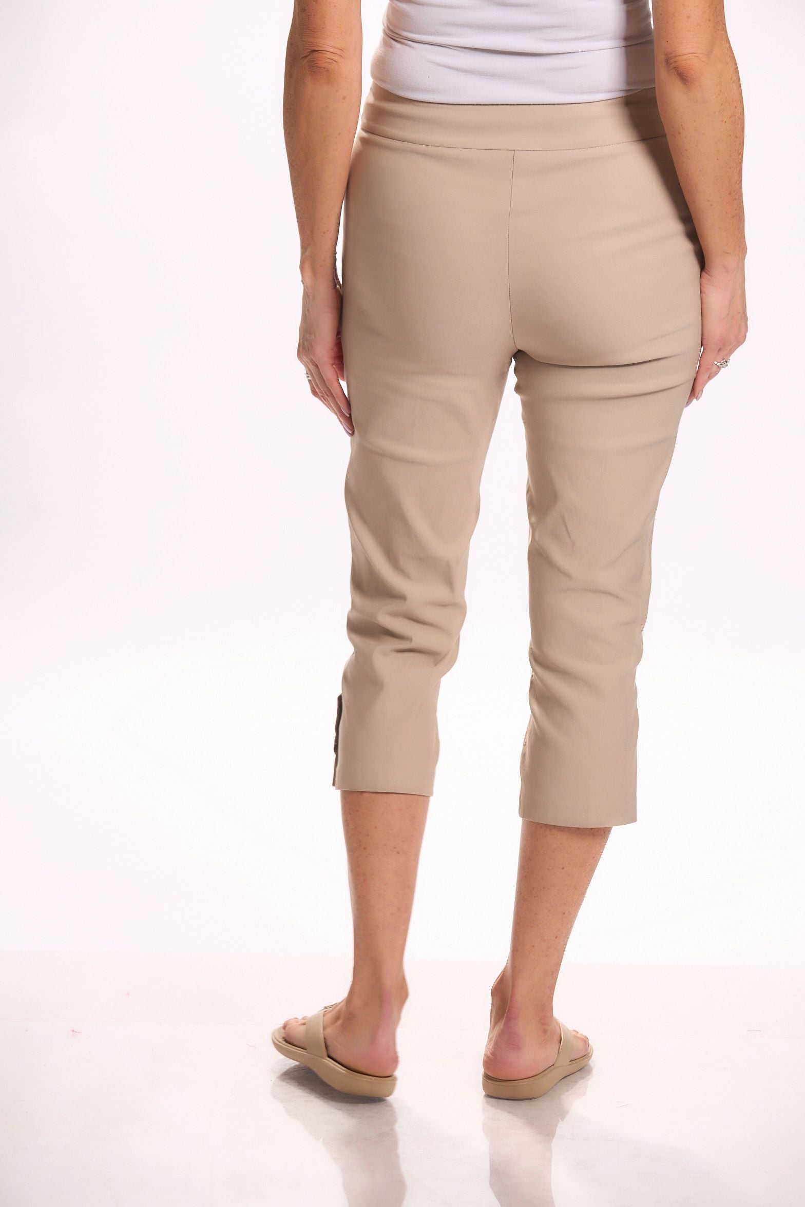Back image of Tribal sahara tan snap capri bottoms.