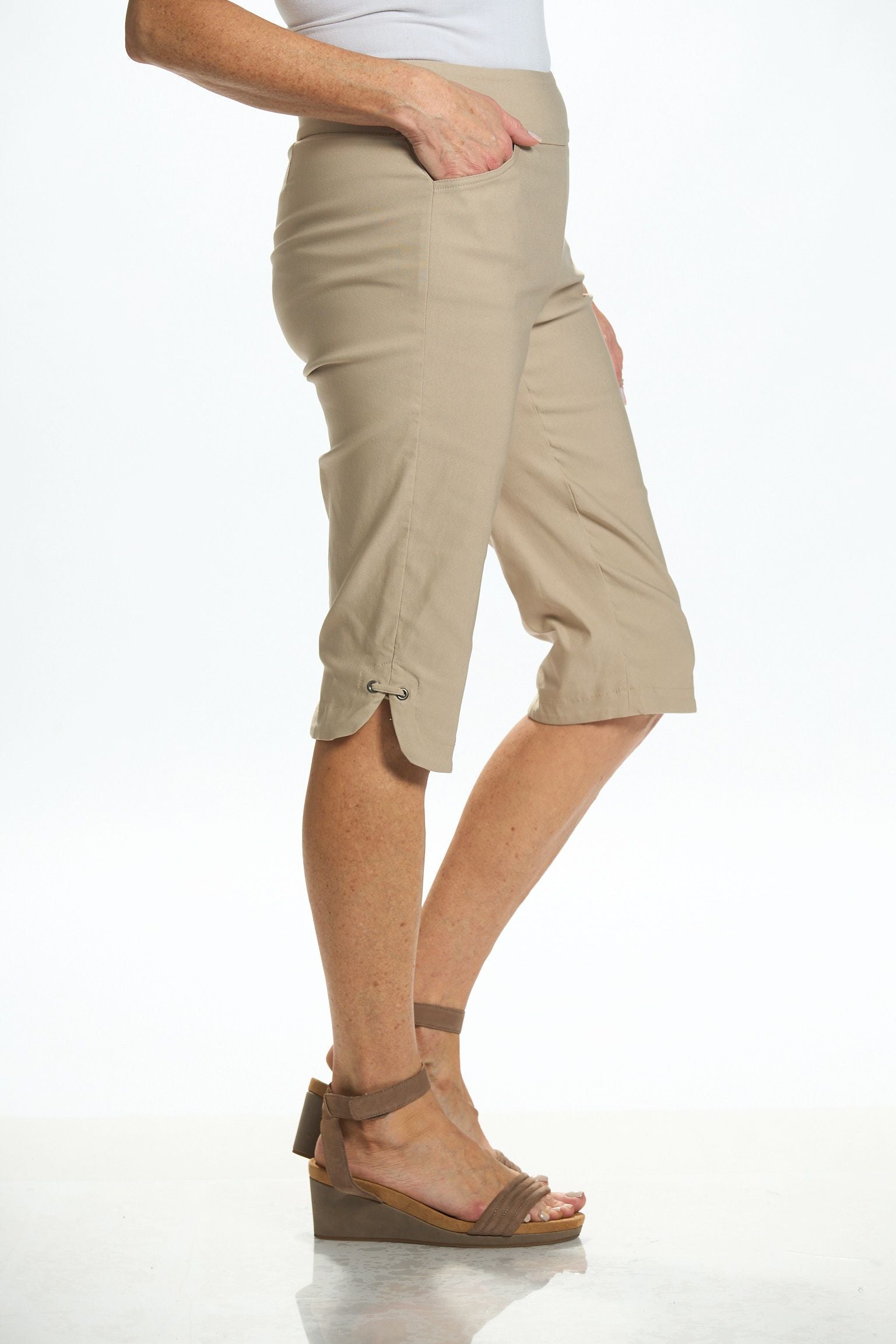 Side image of Tribal pull on skimmer in sahara tan.