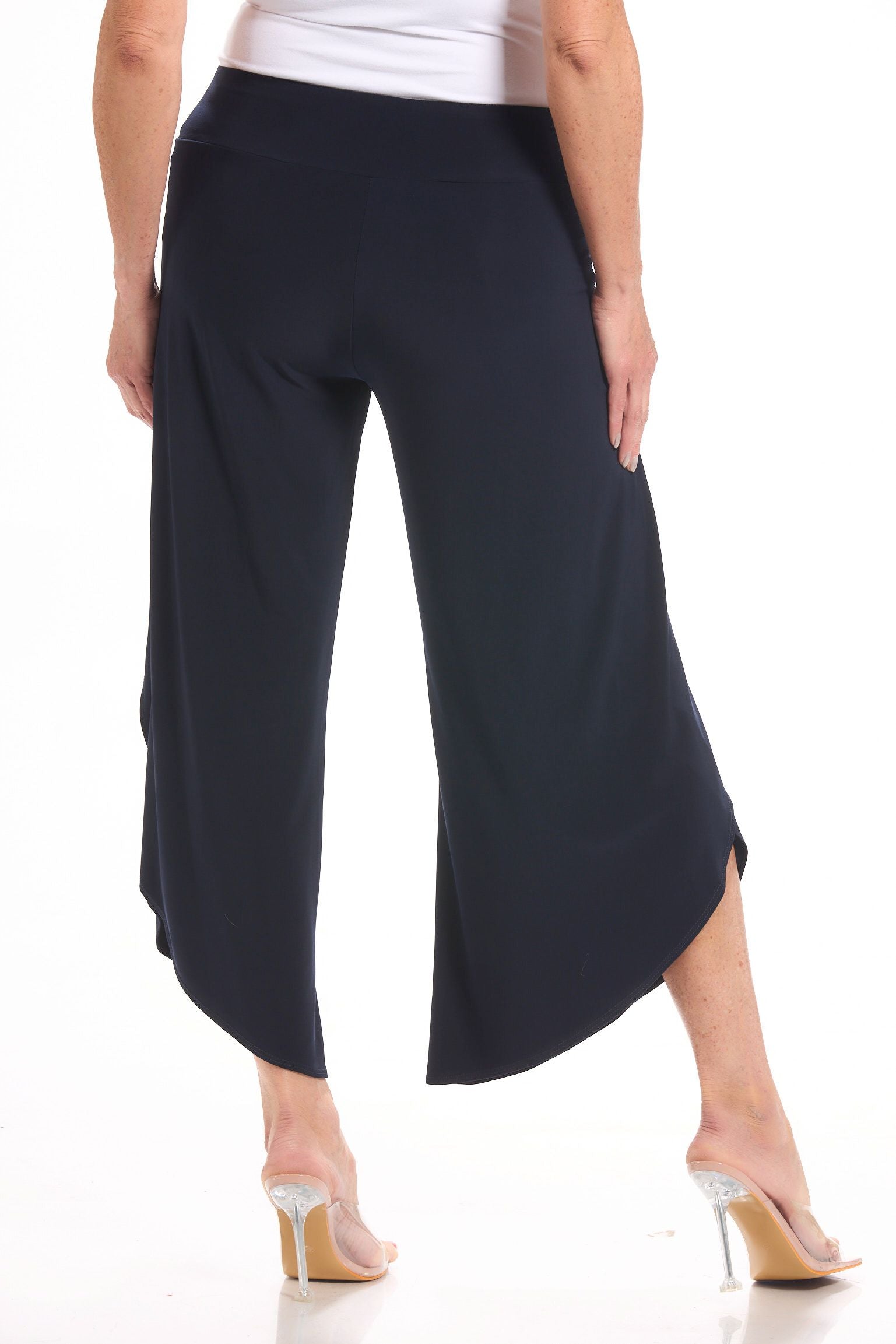 Back image of navy pull on wrap pant.