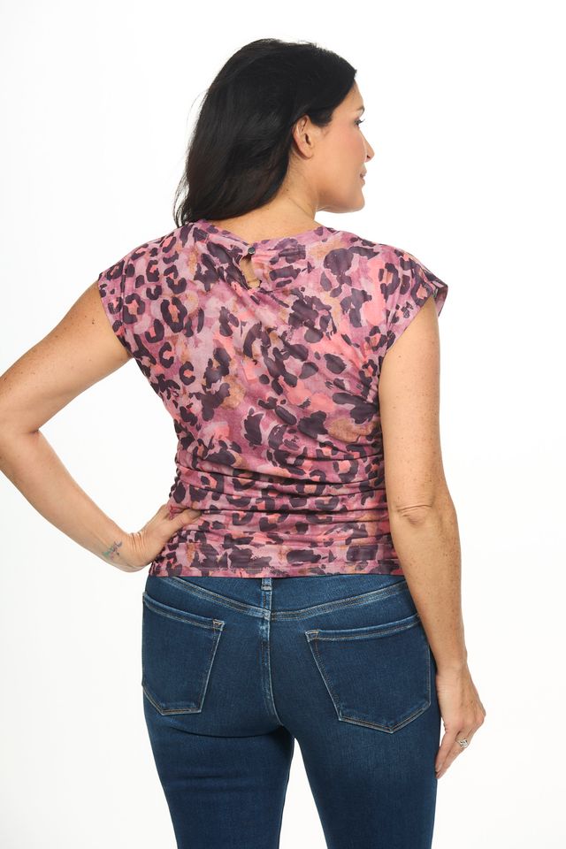 Back image of democracy purple printed ruched side top.