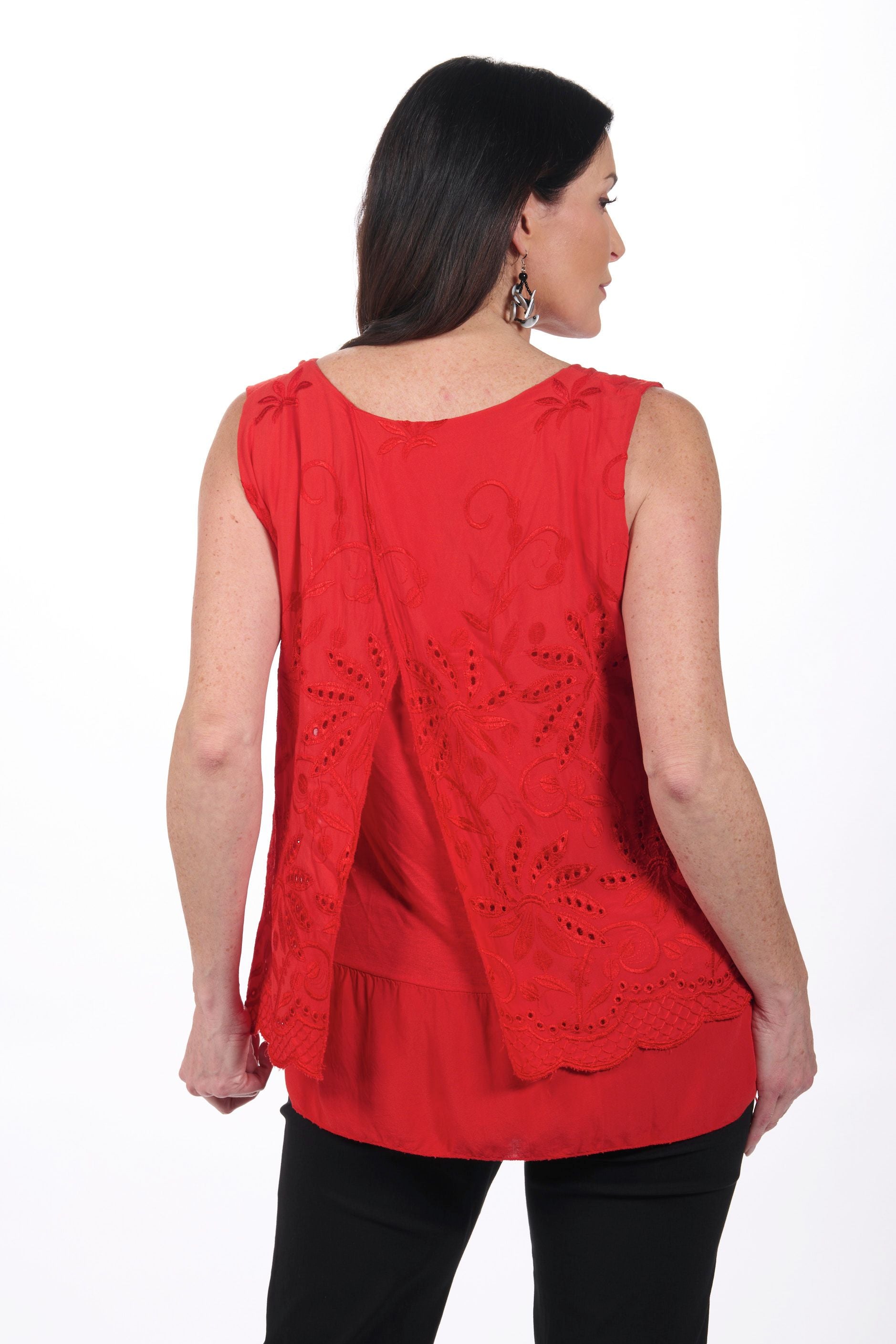 Back image of red eyelet tank made in italy.