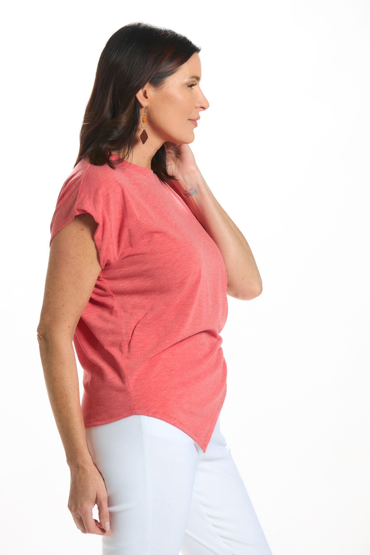 Side image of Nally & Millie red knot short sleeve tee.