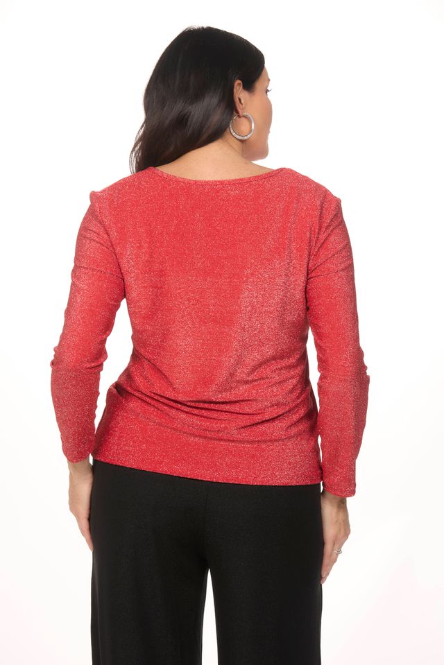 Back image of red v-neck sweater.